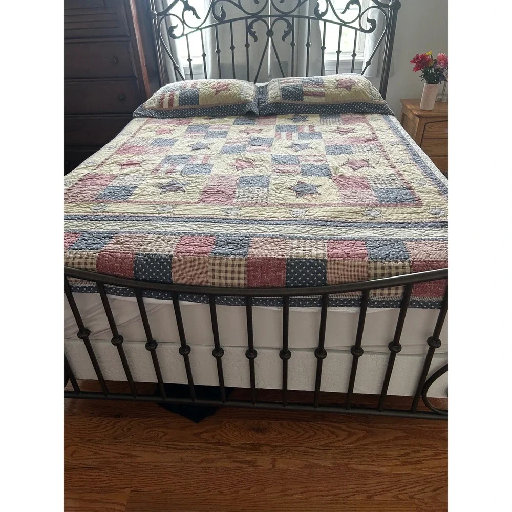 Americana Patchwork Quilt Set Full Queen Red White Blue Stars Rustic Farmhouse